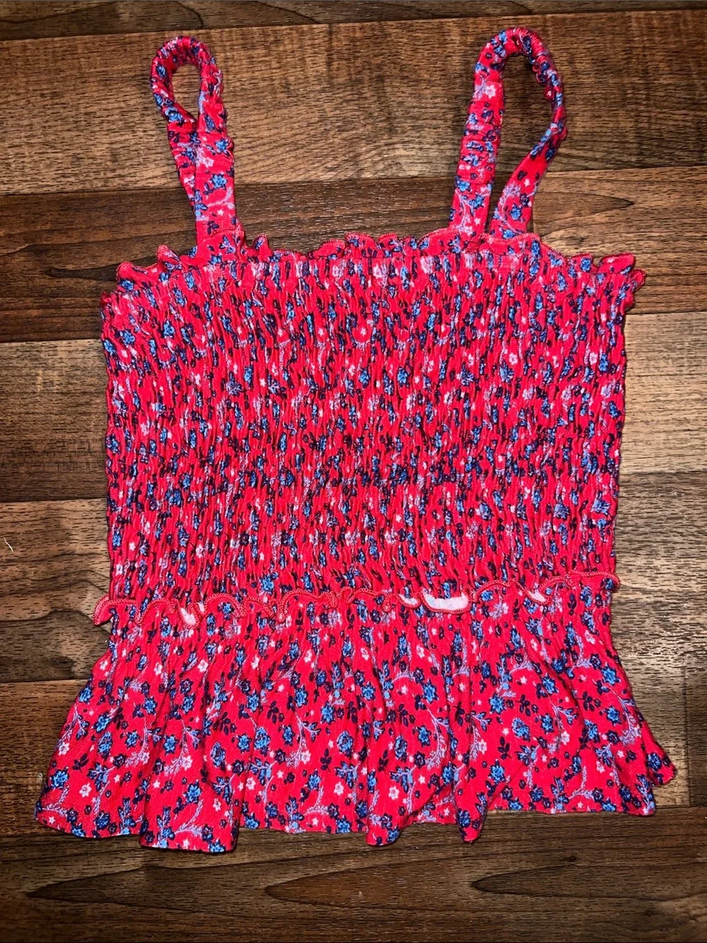 Smocked Floral Ruffle Cami Tank Top - Red medium rayon